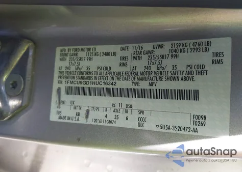 2017 Ford Escape Se из США, поврежденный, VIN 1FMCU9GD1HUC16342